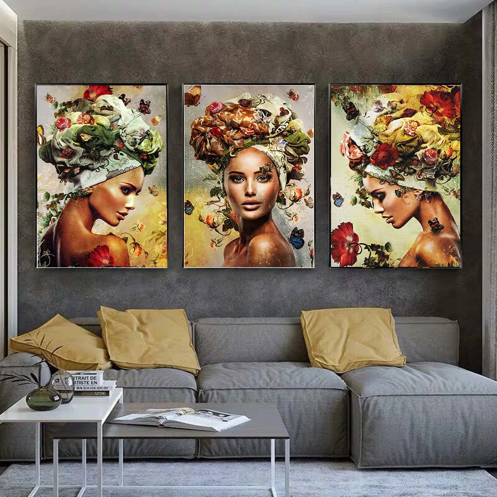 Póster e impresiones de flores multicolores con cabeza de mujer abstracta, pintura en lienzo de mujer moderna nórdica para decoración de sala de estar