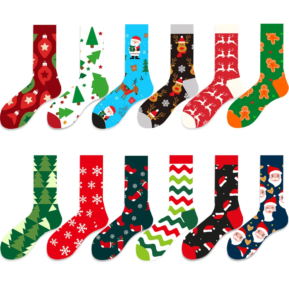 Kvinnor julstrumpor hösten rolig Xmas Santa Elk Stripe Fashion Cotton Crew Happy Sock 2023 Nytt år