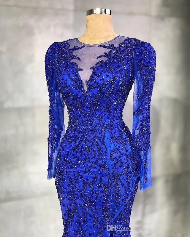 Luxury Royal Blue Mermaid Evening Dresses Beaded Crystals Sheer Neck Arabic Aso Ebi Party Gowns Formal Prom Dresses Wear BC14042