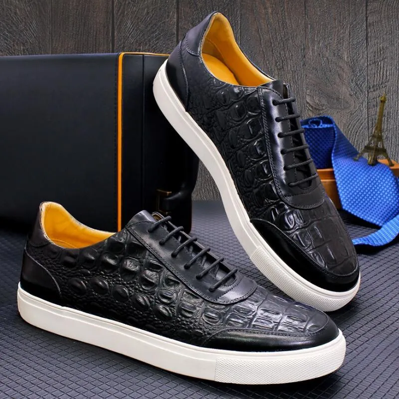 Black Emed Casual Leather Shoes Purple Crocodile Cowhand Men's Plate-size Flat Sneakers A19 513 188