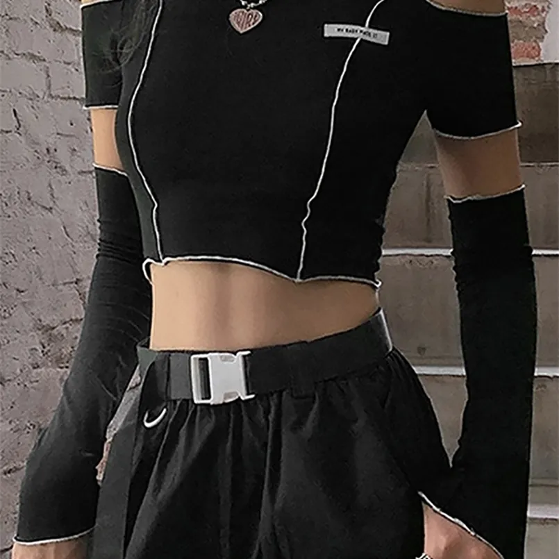 Goth mörk egirl stil lapptäcke svart tshirts gotisk öppen axelhylsa y2k grödor rufsar hem hip hop techwear kvinnor tee 220811