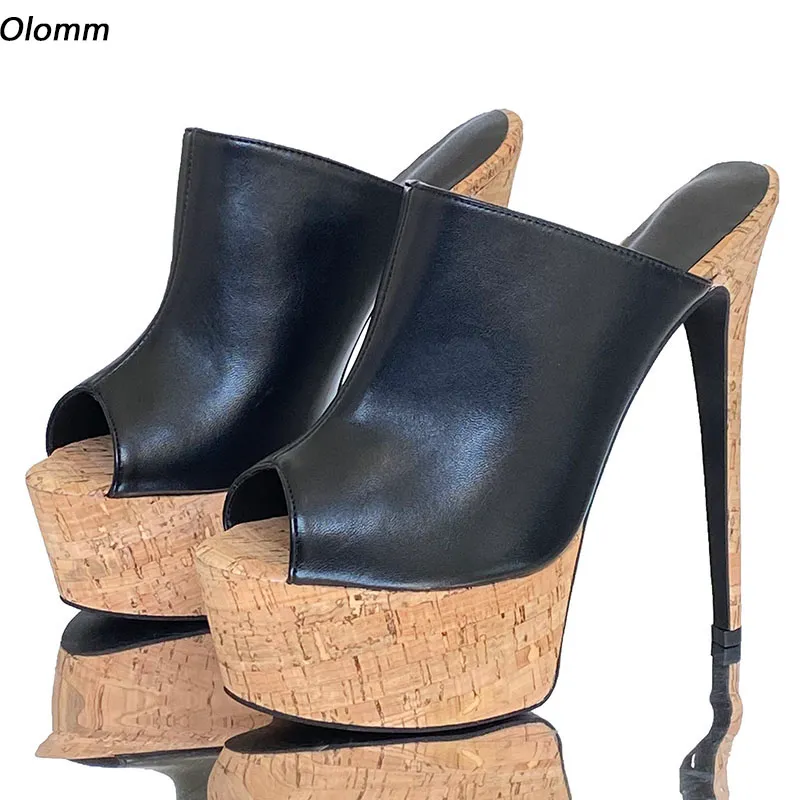 Olomm Handmade Women Platform Mules Sandals Cork Ultra High High