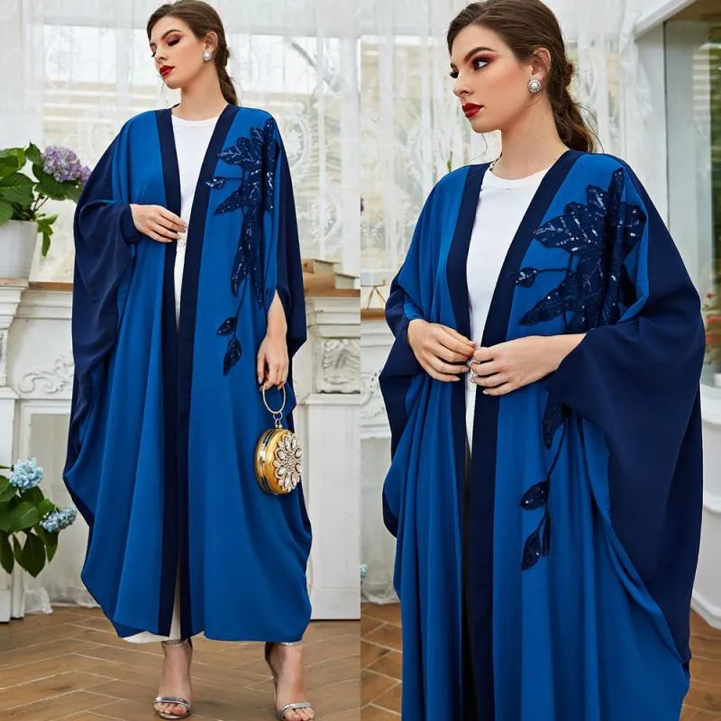 Etniska kläder mode Dubai Kvinnlig paljett Bat Sleeve Cardigan Maxi Dress Abaya Muslimska kvinnor Öppna front Loose Robe Kaftan Marockan Evening