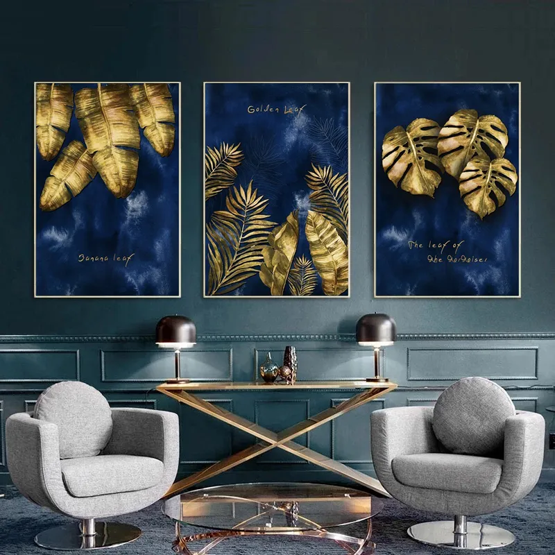 Nordic Golden Plant Liście ścienne sztuka płótna złote wydruki plakaty płócienne