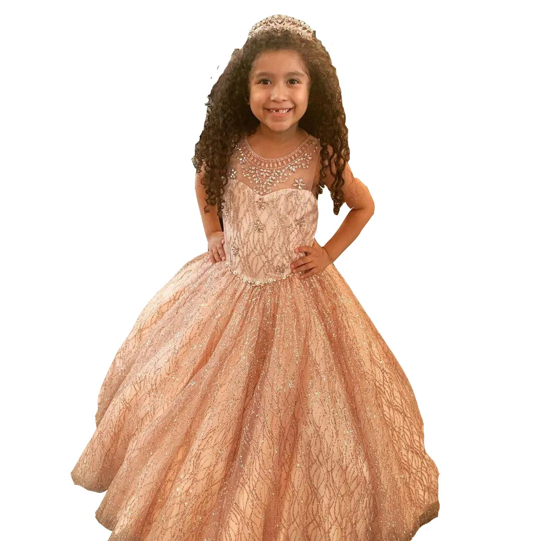 Gold Flower Girl Dress with Jewel Neckline, Sequined Lace, Crystal Beads, and Sleeveless - Perfect for Weddings, Birthdays, Pageants, or Princess-