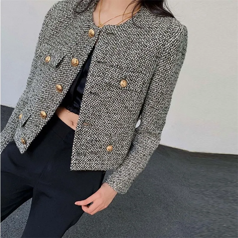 Autumn Winter Korean Womens Single Breasted Brand Luxury Chic Tweed Woolen Coat Retro kostym Jacket Top Casaco Outwear 220811