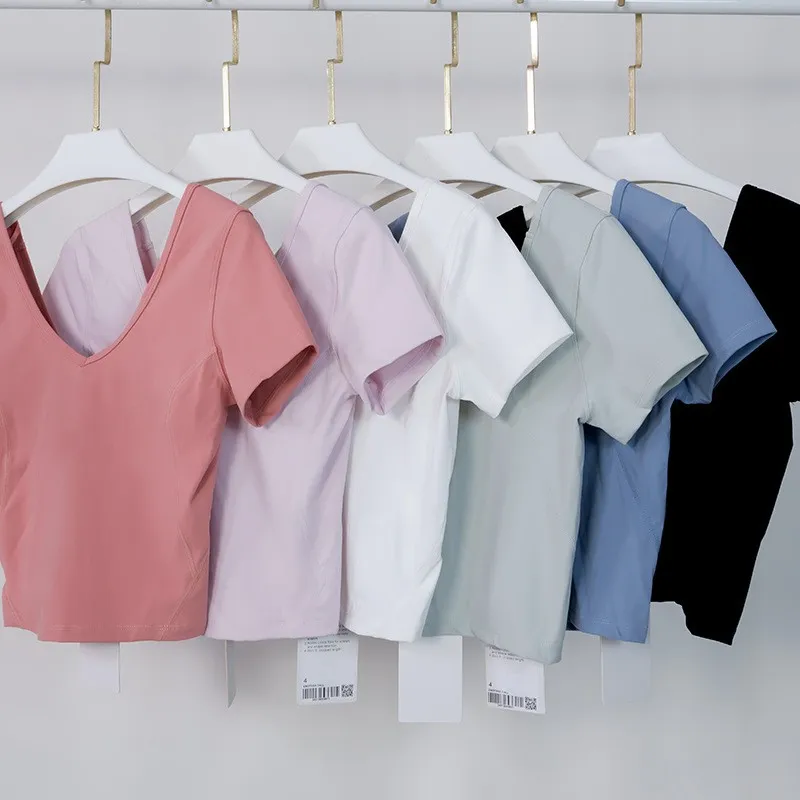 整列ワークアウトランニングシャツ女性フィットネスジムヨガエクササイズ半袖TシャツオープンバックトップスベーシックVネッククロップドTシャツ