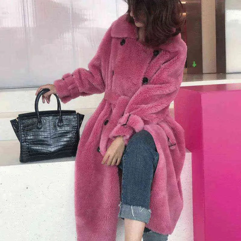 2021 Zimowe kobiety Faux Fur Płaszcz grube ciepła kurtka kobiety swobodne luźne podwójnie piersi długie płaszcze kobiety Overcoat Femme Streetwear T220810