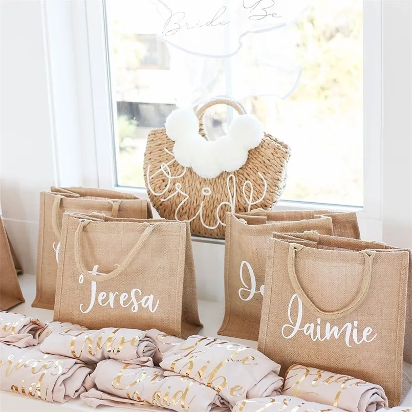 Spersonalizowany ślub Pani Burlap Party Bridal Party Retro Beach Druhna Custom Jute TOTE TOBE LITEARY Prosty prezent 220811