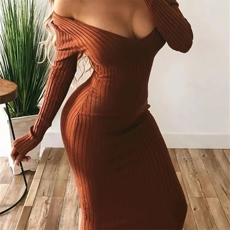 Zima Zima seksowna bodycon midi sukienka dzianina z długim rękawem v szyja impreza elegancka szata damska sukienki 220811