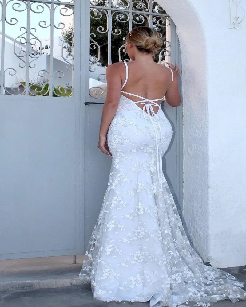 Boho Mermaid Wedding Dresses Backless Tulle Lace Appliques Bridal