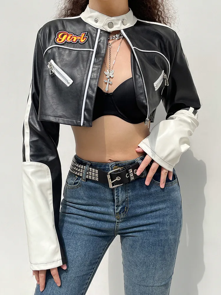 Darlingaga Streetwear Punk Style Patchwork Cropped PU