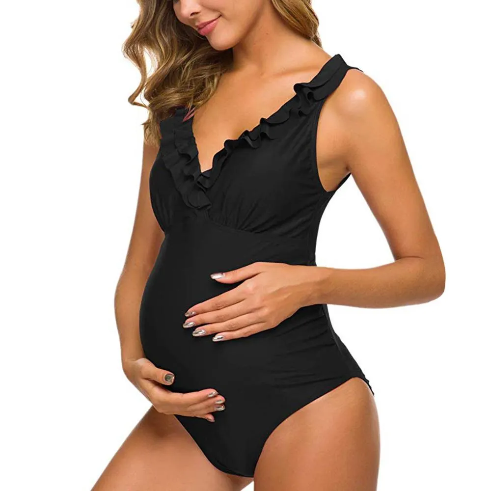 Pregnant Woman Sexy Swimsuit Maternity Solid Backless Bikinis Falbala Ruffle Beachwear New Summer Women One-piece Swimming Suit