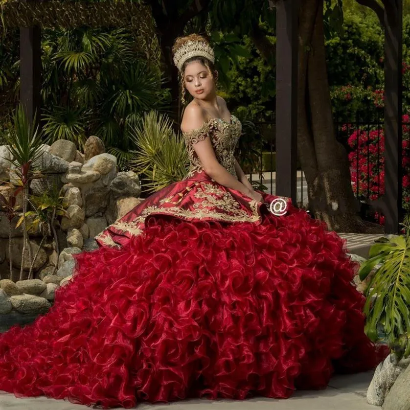 Burgundy Quinceanera Dresses With Gold Applique Beaded Off The Shoulder