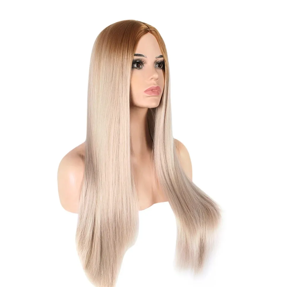 Perruques synthétiques grises, cheveux bruns longs et lisses pour femmes blanches, cheveux naturels de Cosplay avec raie centrale, résistants à la chaleur