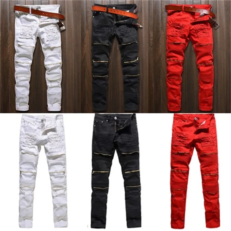 Homens magros jeans elásticos calças rasgadas enguladas rasgadas jeans fitados de jeans destruídos jeans pretos jeans brancos 220811