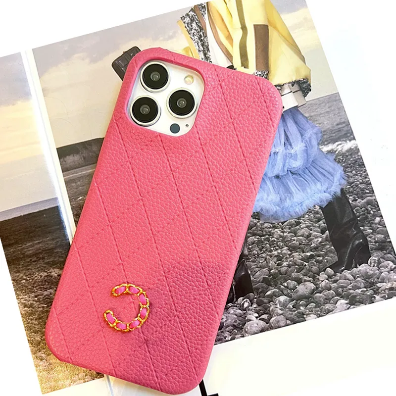 Rose Pink Cell Phone Case Women Luxury Designer Phone Cases For Iphone 13 Pro Max 11 12Pro Xs Max Xr Leather Grid Lines Phonecase Cover