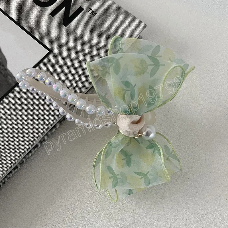 Koreanische Tulip Print Mesh Perle Haar Klaue Haarnadeln Mädchen Bowknot Clip Haar Zubehör Frau Headwear Barrettes