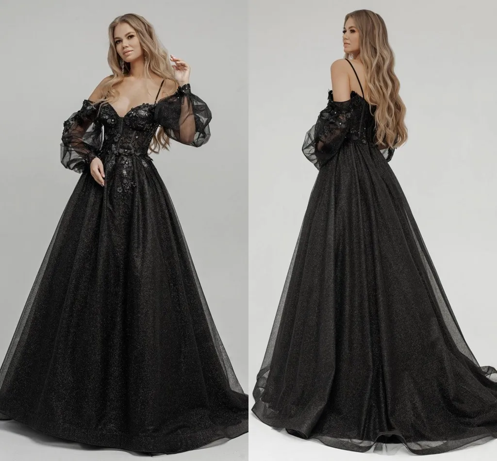 Sparkling Black Gothic Black Gothic Wedding Dress With Off Shoulder