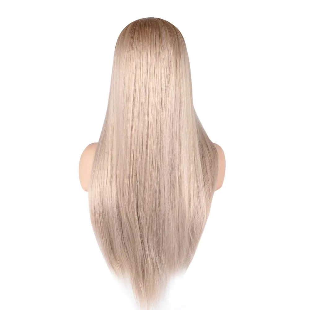 Grå syntetiska peruker Långt rakt brunt hår peruk för vit kvinnor Middle del cosplay naturligt hår värmebeständig