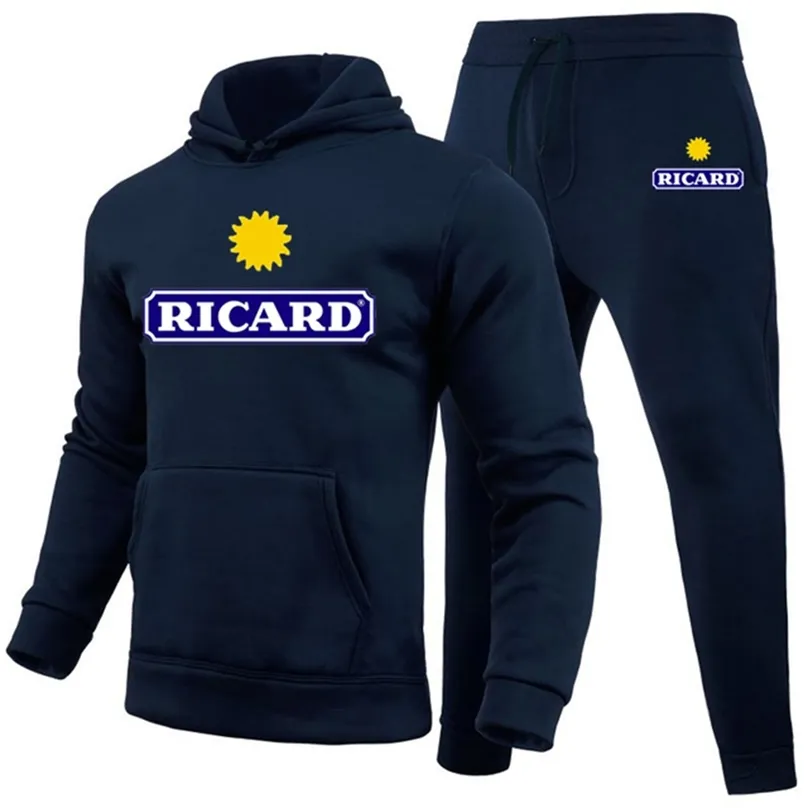 2 pezzi Set Tuta Felpa con cappuccio Pantaloni con coulisse Felpe sportive maschili Running Abbigliamento sportivo Ricard Uomo Marca Autunno Inverno 220811