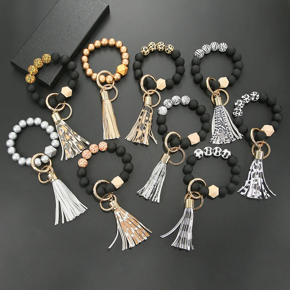 Black Frosted Wooden Bead Bracelet Keychain Fashion Pattern Tassel Pendant Bracelets Women Girl Key ring Wrist Strap 7 colors