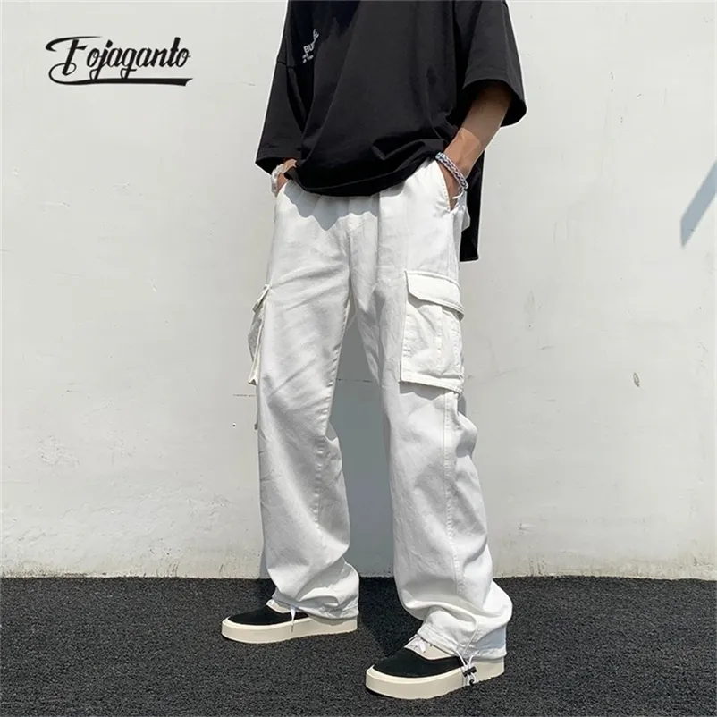 FOJAGANTO printemps hommes Cargo pantalon coréen couleur unie multipoches pantalon droit Hip Hop rue pantalon ample décontracté mâle 220811