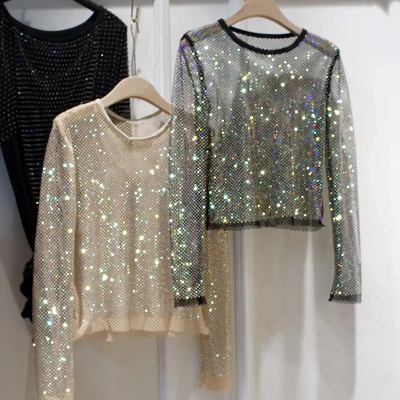 Kadın Sweaters Bahar Sonbahar Ladies Glitter Rhinestone Crew Boyun Uzun Kollu Parlak Bling Fishnet Out File Out Feath Shiny Shirt Kadınlar Topwome