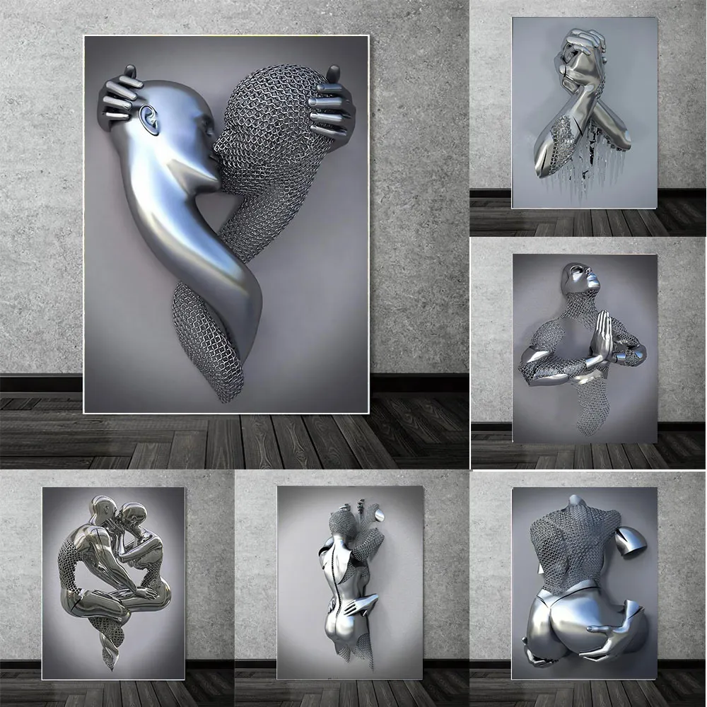 Casal de metal abstrato pintura em tela 3D pôsteres românticos e impressões modernas imagens de arte de parede para sala de estar decoração de casa