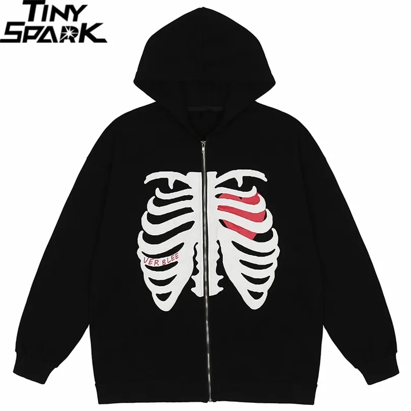 Hommes Hip Hop Streetwear À Capuche Sternum Squelette Manteau Harajuku Coton Lâche Veste Printemps Outwear Zipper Noir 220811