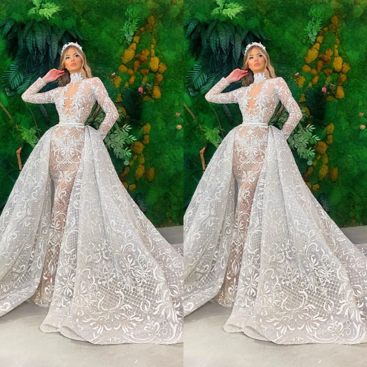 Sexy See Through Mermaid Wedding Dress With Detachable Train High Neck Long Sleeve Bride Dresses Lace Bridal Gowns