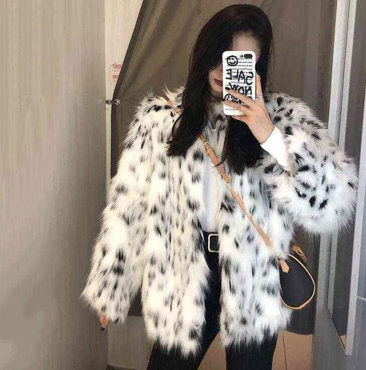 Loose short fur leather coats womens warm leopard faux mink fur leather jackets women autumn clothes winter thicken fashion T220810