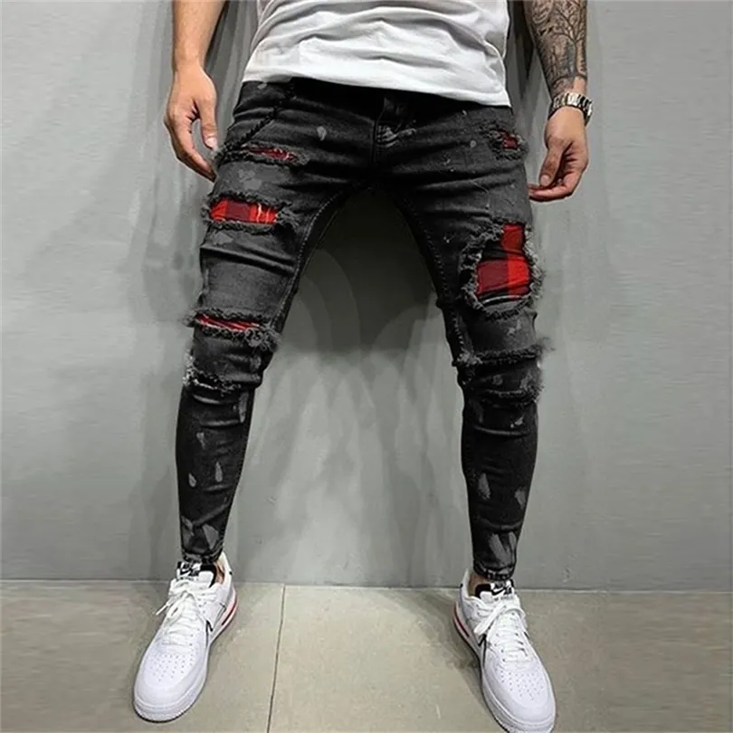 Men Painted Stretch Skinny Jeans Slim Fit Ripped Distressed Pleated Knee Patch Denim Pants Brand casual trousers for men 220811