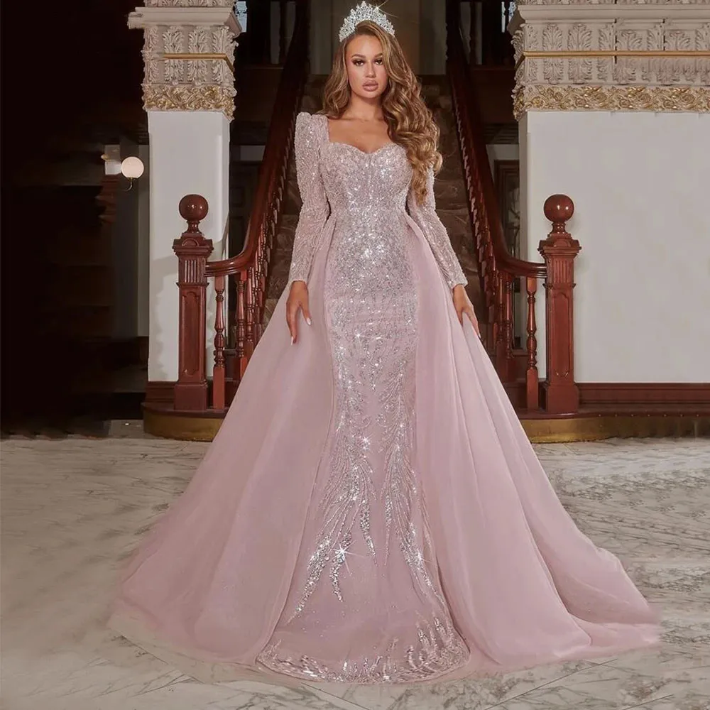 pink glitter dress long sleeve Elegant Beaded Sequin Pink Long Sleeve Evening Dress with Bow SS230 main image 0