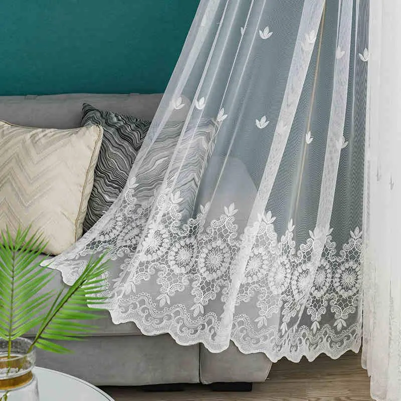 Cortinas blancas bordadas con flores para ventana, para sala de estar, estilo europeo, gasa transparente, dormitorio, cocina, cortina ciega