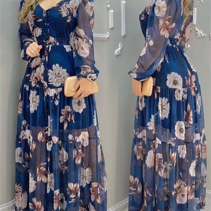 Kobiety Summer Blue Printed Szyfonowa sukienka z podszewką 220811