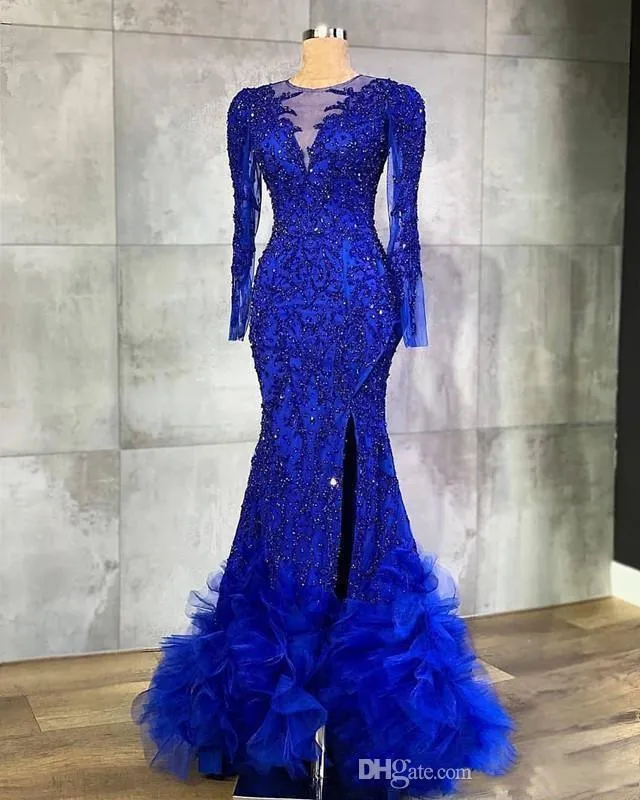 Luxury Royal Blue Mermaid Evening Dresses Beaded Crystals Sheer Neck Arabic Aso Ebi Party Gowns Formal Prom Dresses Wear BC14042