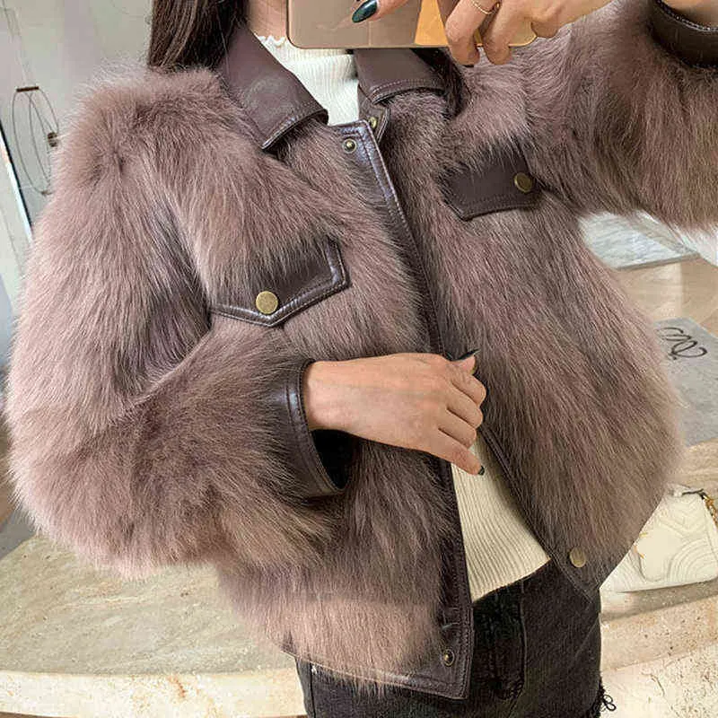 Pop Winter Warm Faux Fur Coats Women Nice Pu Leather Patchwork Cropped Jacket Woman Motocycle Style Turn Down Collar Jackets T220810