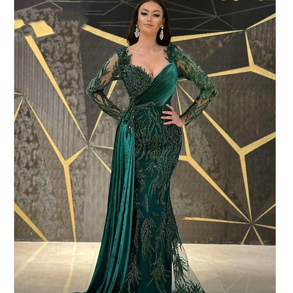 Vestidos de Baile Sereia Verde Escuro Princesa Decote em V Manga Comprida Apliques Lantejoulas Miçangas Cetim Renda Babados Sexy Até o Chão Vestidos de Festa Plus Size Custom Made