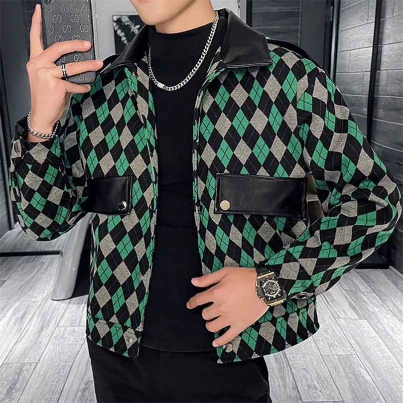 Spring Version Lapel Diamond Gitter Splicing Jacket Herr Motorcykeljacka Korean Slim Green British Trend Casual Jacket 220811