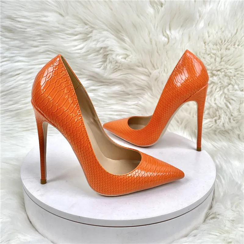 Fashion Orange Woman Pumps Snake Shoes Pattern Pointed Toe Sexy