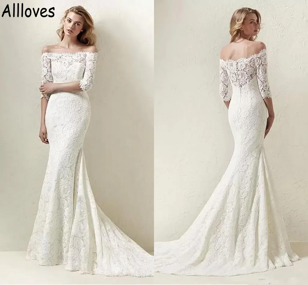 Ivory Full Lace Mermaid Wedding Gowns With Half Sleeves Boat Neck Sweep Train Bohemian Bridal Dress Buttons Back Vintage Chic Brides Robes de Mariee CL0895