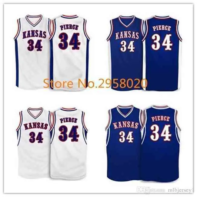 Pas cher Personnalisé # 34 Paul Pierce Kansas Jayhawks Ku College Basketball Jersey Blanc Bleu Broderie Cousu Personnalisé Tout Numéro et Nom Maillots