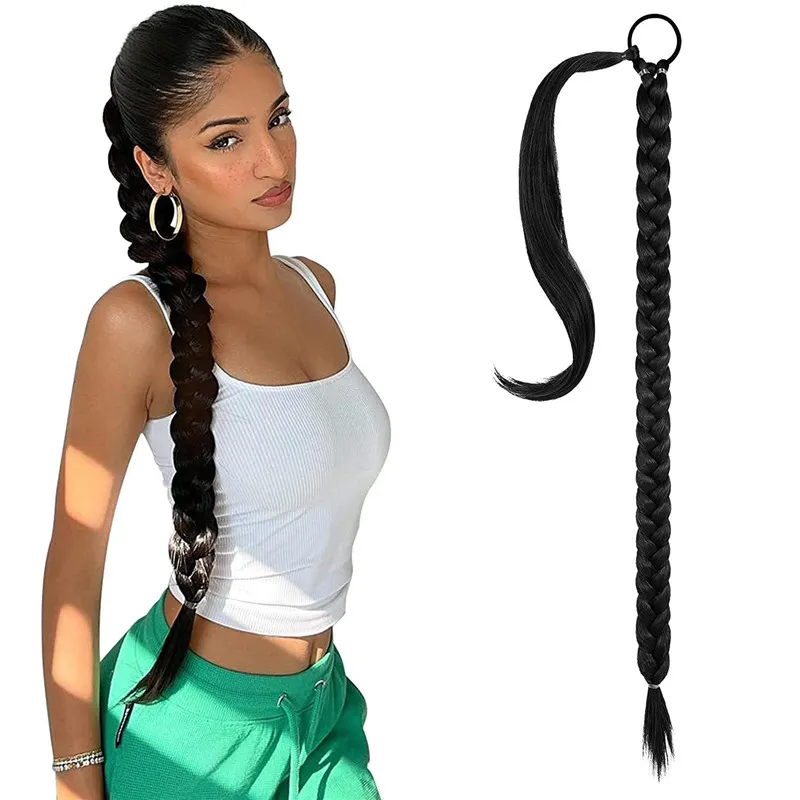 Long Braided Ponytail Hair Extensions for Women Black Brown Pony Tail High Temperature Fiber