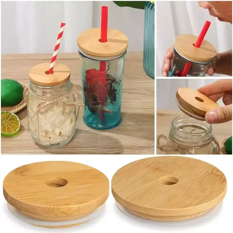 Bamboe dopdeksel Herbruikbare Mason Jar-deksels 70 mm 86 mm met rietje en siliconen afdichting Drinkgerei voor inblikken Drinkpotten Topflesdeksel