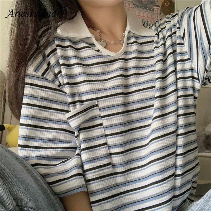 Harajuku Polo collar Pocket Stripe Short sleeve T-shirt Korean fashion Loose ins Summer Oversized Women