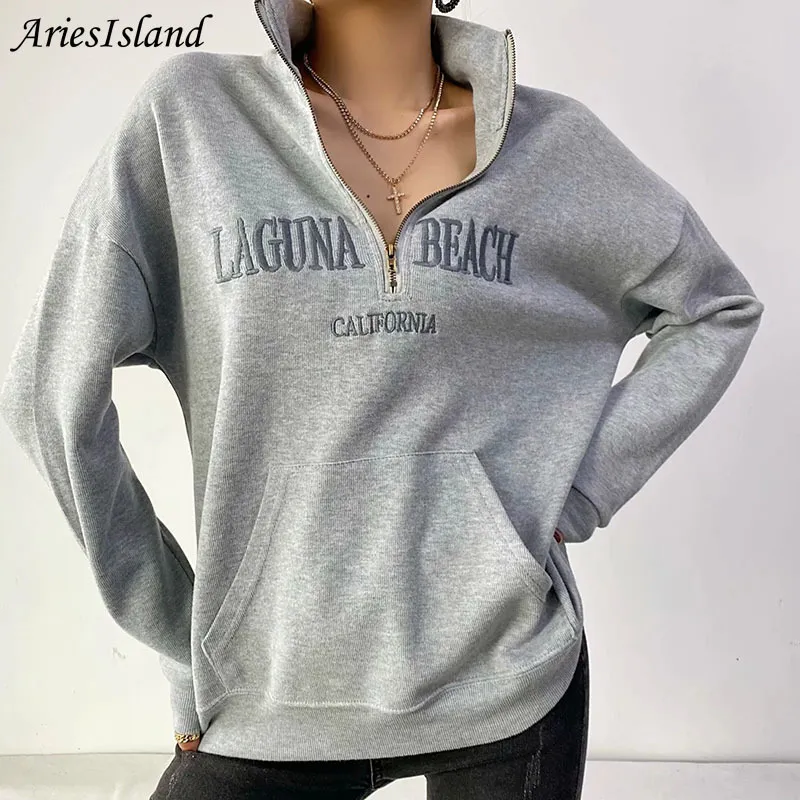 Harajuku Zip-up Letter Embroidery Gray Hoodies Oversized Long sleeve Sweatshirt Korean Fashion Women Casual Autumn Large Coats