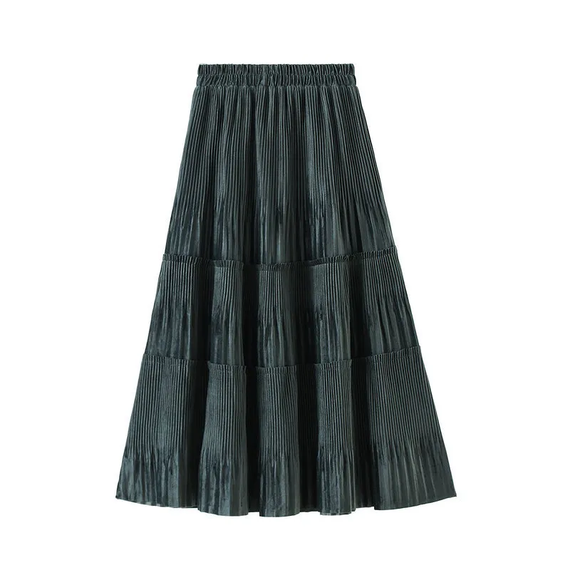 Ohryiyie Solid Color Vintage Long Velvet Pleated Skirt Women Autumn Winter Fashion Lady High Weist A Line Skirt Female L220818