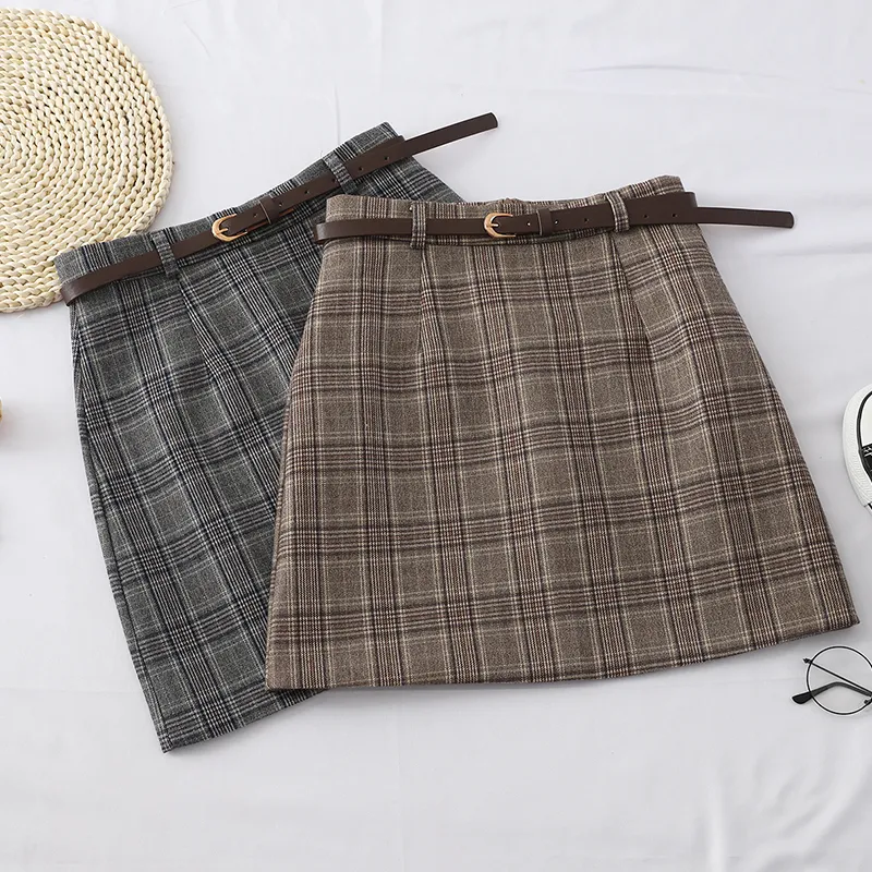 Autumn Korean Women Plaid kjol Kvinnor Hög midja Aline kjolar Vinter vintage Lattice Mini Short Female Khaki Gray 220818