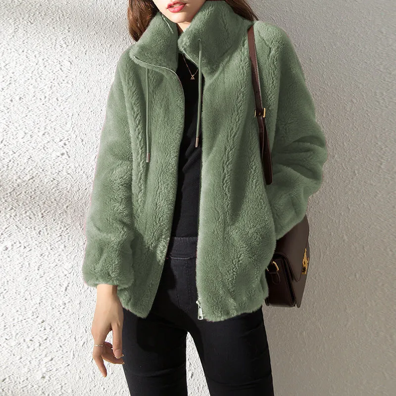 Women Coat Fleece Warm Stand Collar Long Sleeve Jacket Autumn Korean Fashion Brown Plus Size Zipper Harajuku Office Lady Coats 220818